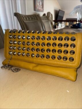 Yellow Studded Leather Wristlet Clutch